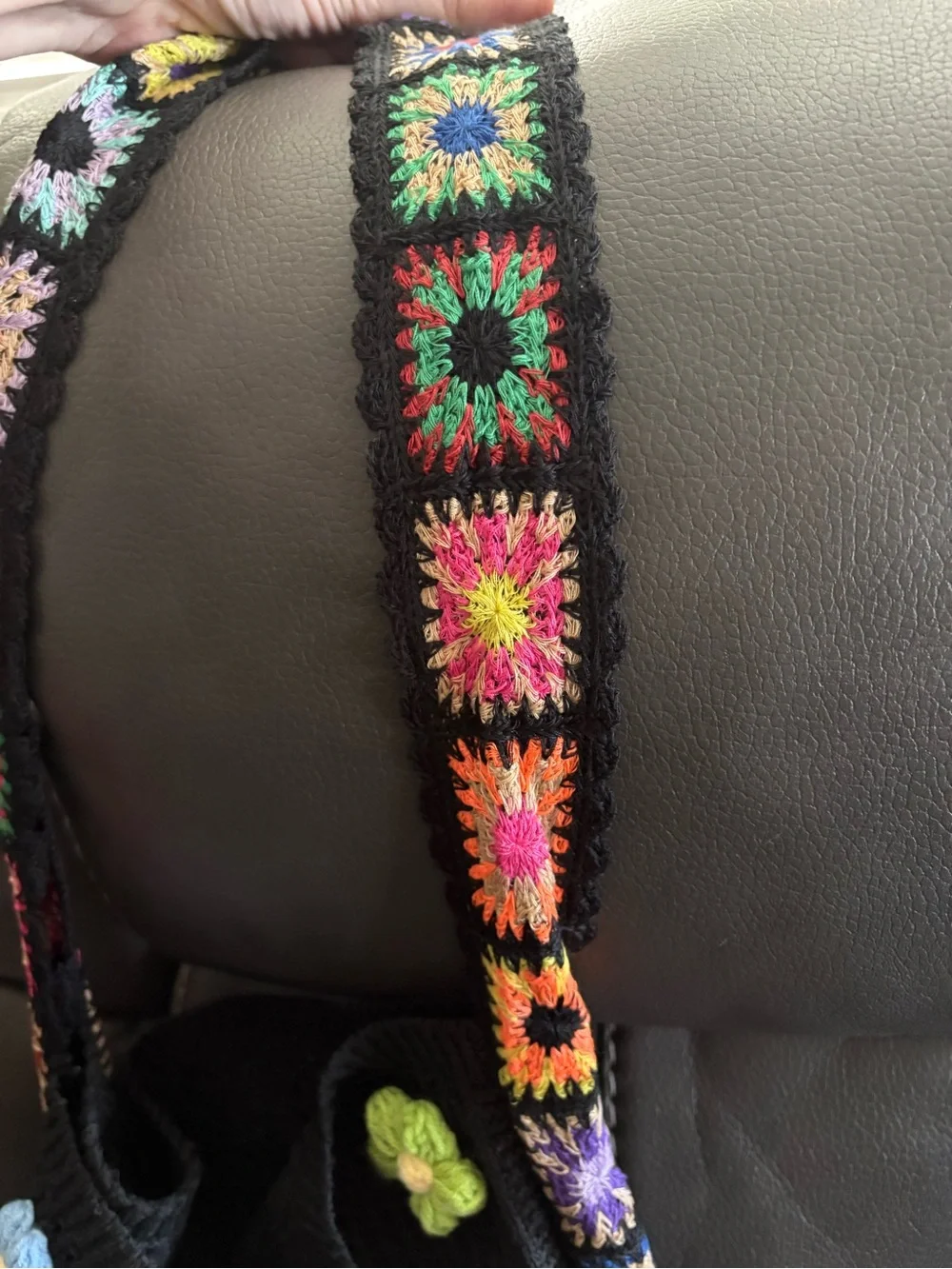 Black Crochet Shoulder Bag with Multicolor Flower Appliqués